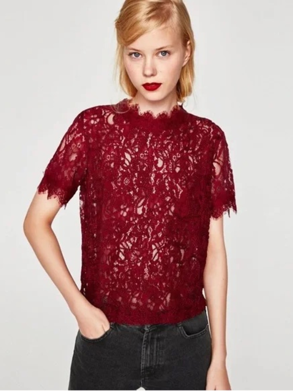 ZARA Red/ Burgundy Lace Short-Sleeve Women's Top